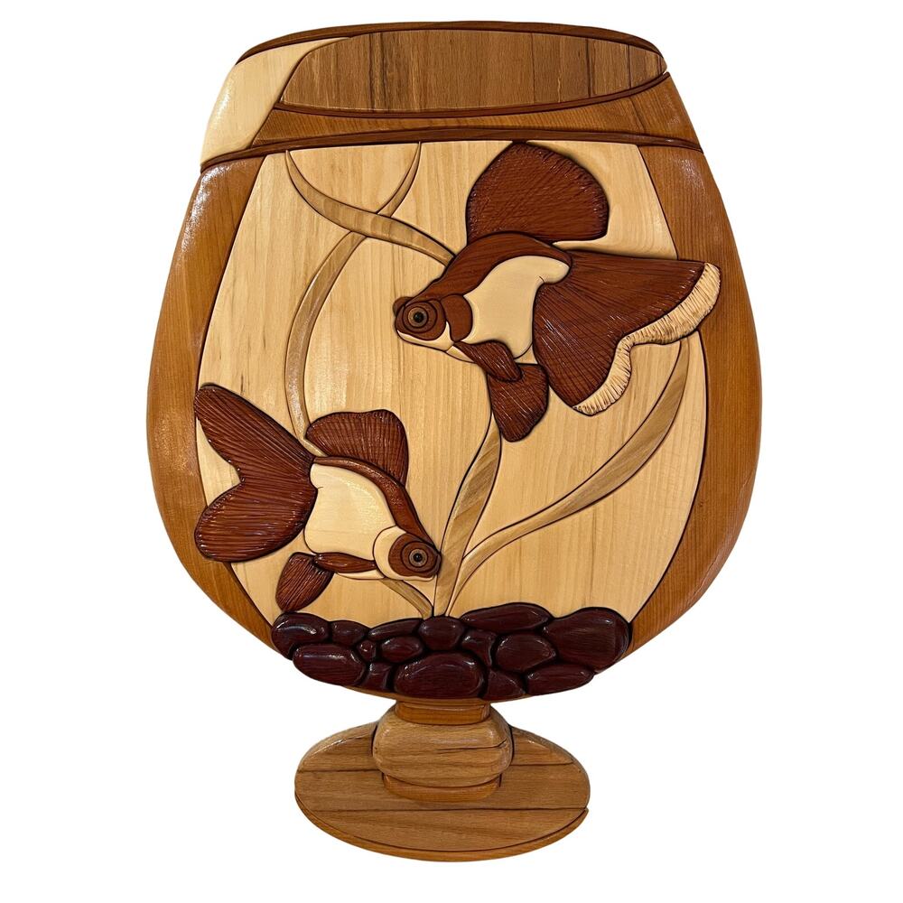Handmade Intarsia Goldfish Bowl Wall Hanging Art Decor Wood Sculpture